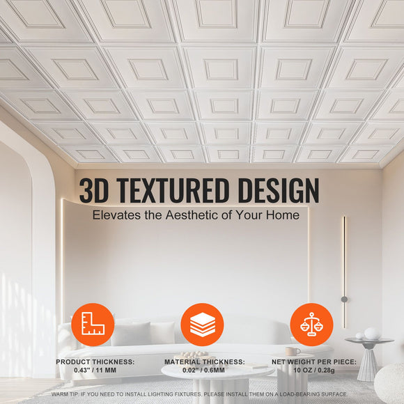 Ceiling Tiles 12-Pack 24 x 24 in PVC Easy Installation White Geometric
