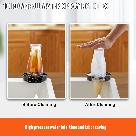 Glass Rinser, 10 Powerful Spraying Jets Rotating Cup Rinser for Sink, 304 Stainless Steel Faucet Cup Washer & Silicone Nonslip Pad for Baby Bottle, Glass Cup, Wine Glass (Matte Black Base)