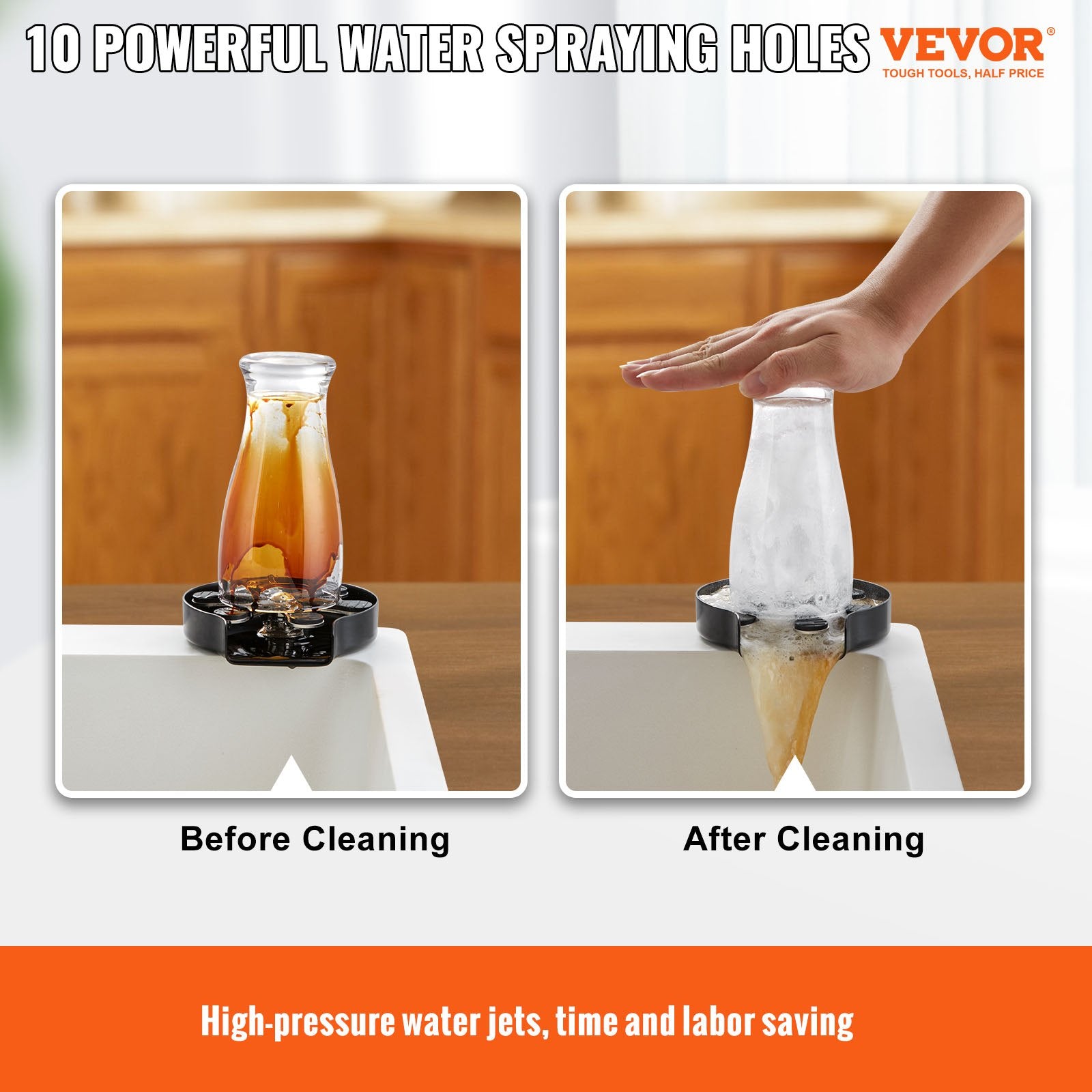 VEVOR Glass Rinser, 10 Powerful Spraying Jets Rotating Cup Rinser for Sink, 304 Stainless Steel Faucet Cup Washer & Silicone Nonslip Pad for Baby Bottle, Glass Cup, Wine Glass (Matte Black Base) - 0