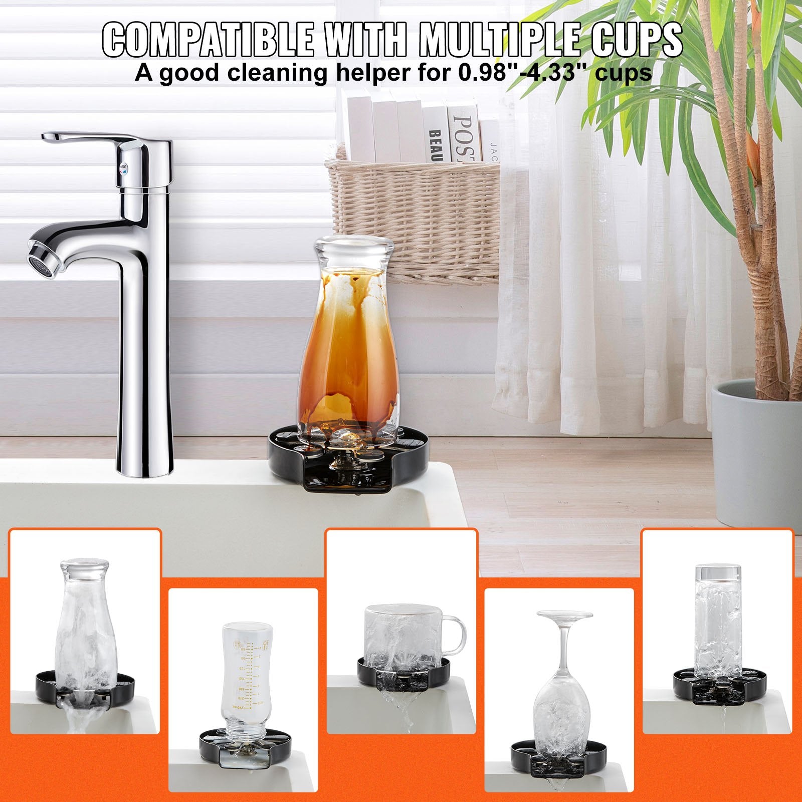 VEVOR Glass Rinser, 10 Powerful Spraying Jets Rotating Cup Rinser for Sink, 304 Stainless Steel Faucet Cup Washer & Silicone Nonslip Pad for Baby Bottle, Glass Cup, Wine Glass (Matte Black Base)