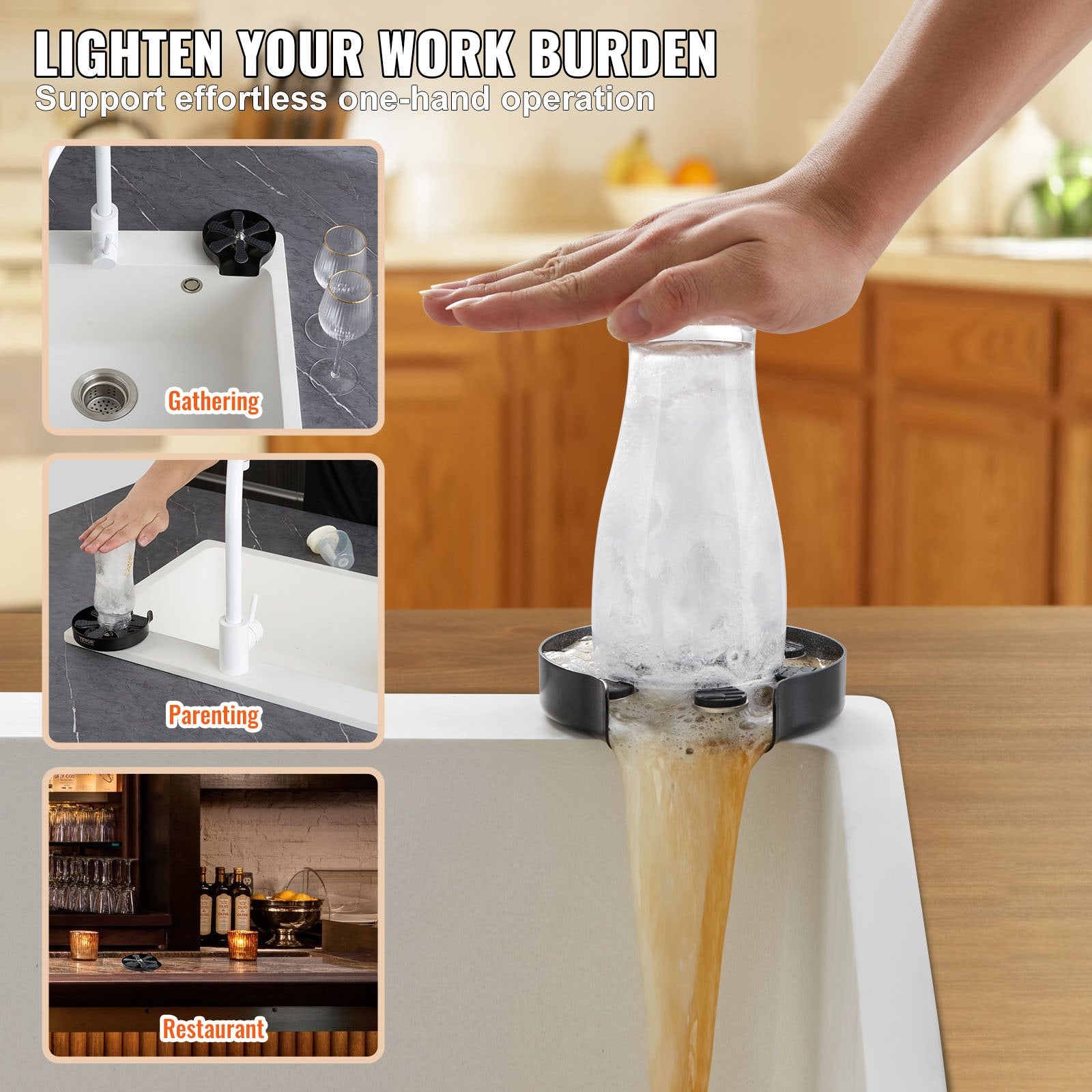 VEVOR Glass Rinser, 10 Powerful Spraying Jets Rotating Cup Rinser for Sink, 304 Stainless Steel Faucet Cup Washer & Silicone Nonslip Pad for Baby Bottle, Glass Cup, Wine Glass (Matte Black Base)