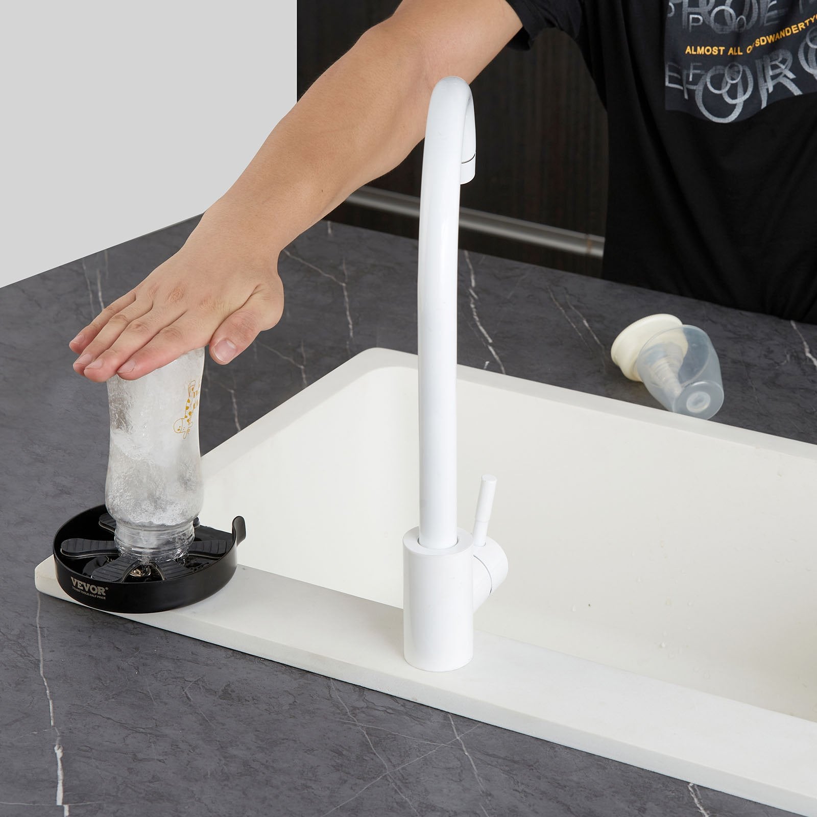 VEVOR Glass Rinser, 10 Powerful Spraying Jets Rotating Cup Rinser for Sink, 304 Stainless Steel Faucet Cup Washer & Silicone Nonslip Pad for Baby Bottle, Glass Cup, Wine Glass (Matte Black Base)