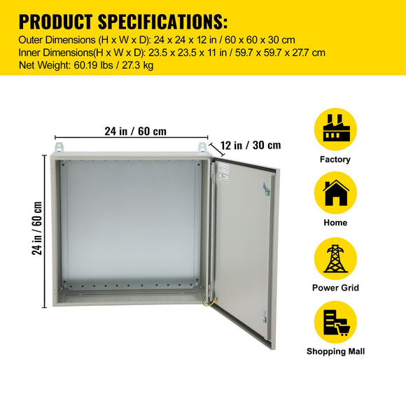 Electrical Steel Enclosure Box NEMA 4 Outdoor Enclosure 24 x 24 x 12'' UL