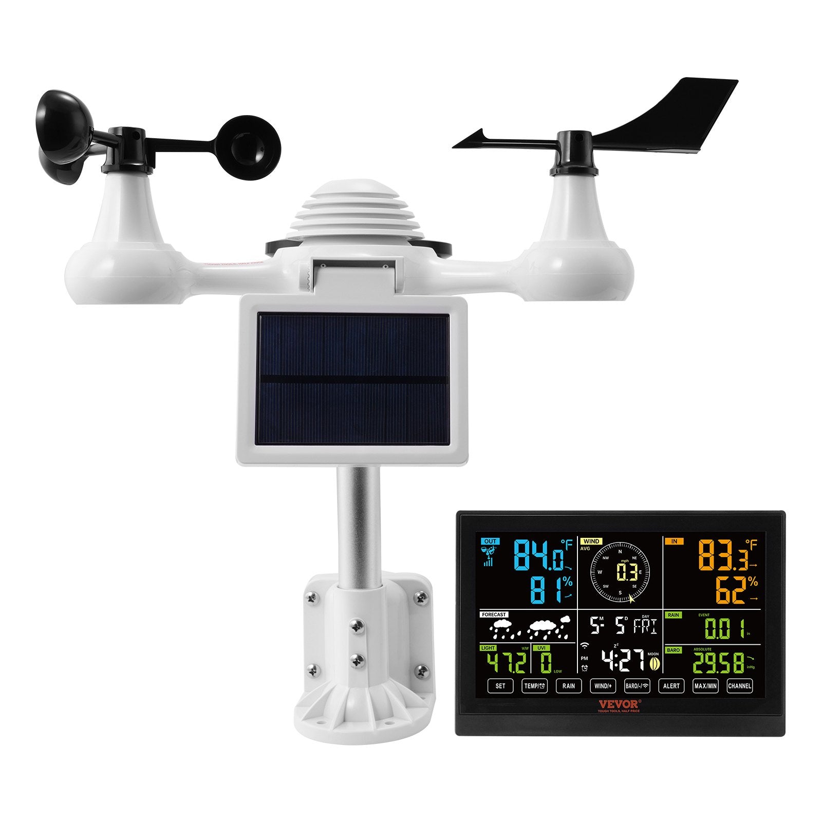 VEVOR 7-in-1 Wi-Fi Weather Station, 7.5 in Color Display, Home Weather Station Indoor Outdoor, with Solar Wireless Outdoor Sensor  Alarm Alerts, for Temperature Humidity Wind Speed/Direction Rain
