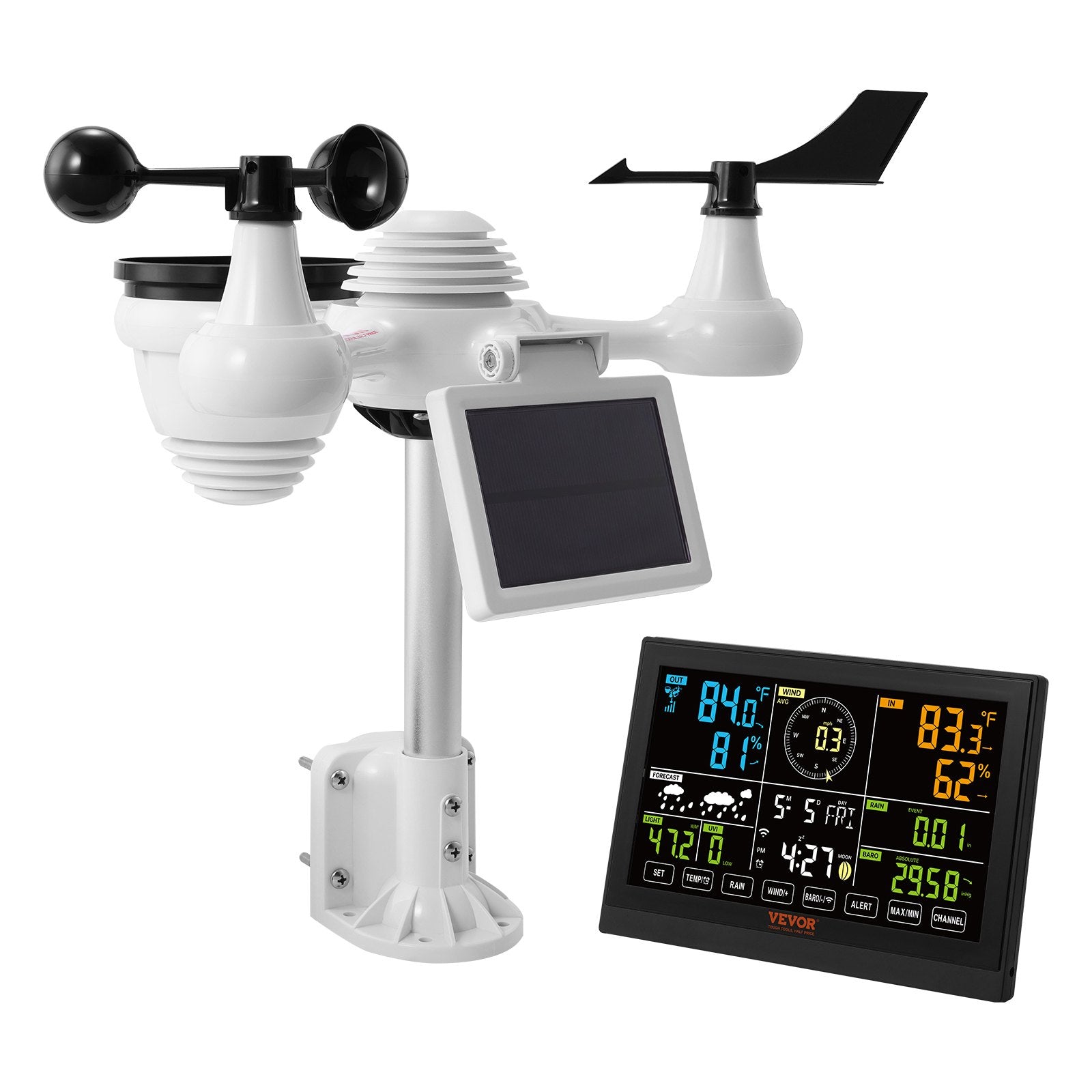 VEVOR 7-in-1 Wi-Fi Weather Station, 7.5 in Color Display, Home Weather Station Indoor Outdoor, with Solar Wireless Outdoor Sensor  Alarm Alerts, for Temperature Humidity Wind Speed/Direction Rain