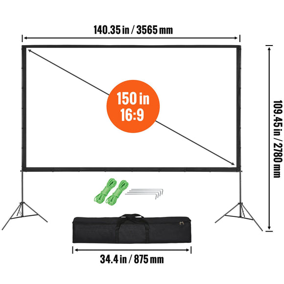 Projector Screen with Stand, 150 inch 16:9 4K 1080 HD Outdoor Movie Screen with Stand, Wrinkle-Free Projection Screen with Tripods and Carry Bag, for Home Theater Cinema Backyard Movie Night