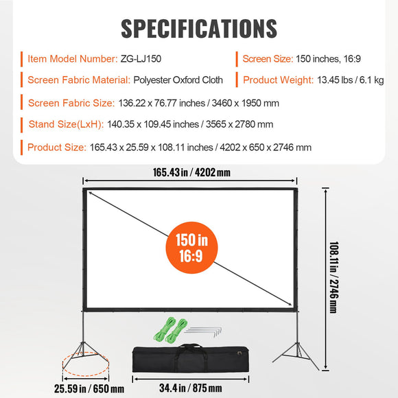 VEVOR Projector Screen with Stand, 150 inch 16:9 4K 1080 HD Outdoor Movie Screen with Stand, Wrinkle-Free Projection Screen with Tripods and Carry Bag, for Home Theater Cinema Backyard Movie Night