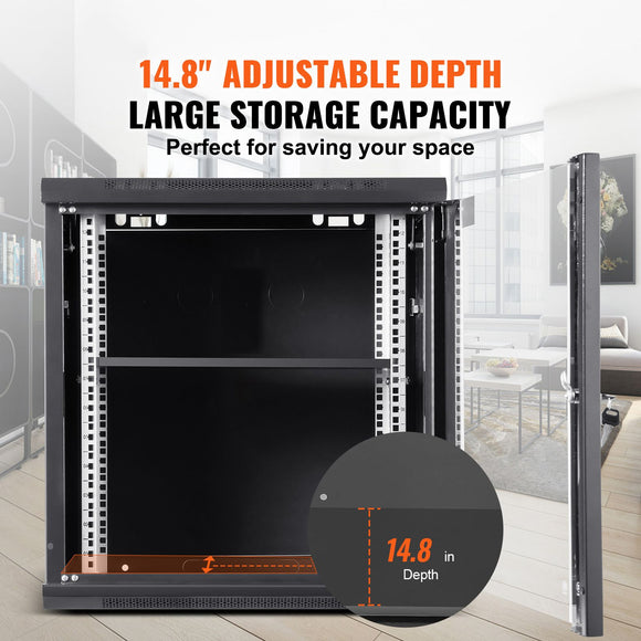 Wall Mount Network Server Cabinet, 393.7 mm Deep, Server Rack Cabinet Enclosure, 90.72 kg Max. Ground-mounted Load Capacity, with Locking Glass Door Side Panels, for IT Equipment, A/V Devices