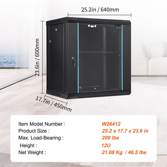 Wall Mount Network Server Cabinet, 393.7 mm Deep, Server Rack Cabinet Enclosure, 90.72 kg Max. Ground-mounted Load Capacity, with Locking Glass Door Side Panels, for IT Equipment, A/V Devices