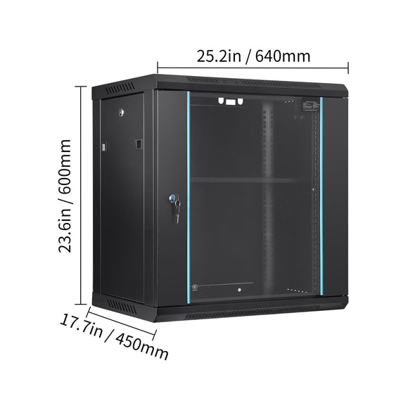 Wall Mount Network Server Cabinet, 393.7 mm Deep, Server Rack Cabinet Enclosure, 90.72 kg Max. Ground-mounted Load Capacity, with Locking Glass Door Side Panels, for IT Equipment, A/V Devices