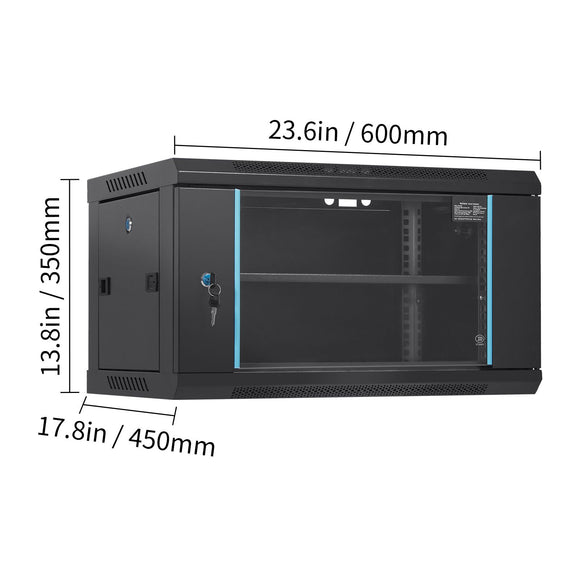 6U Wall Mount Network Server Cabinet, 15.5'' Deep, Server Rack Cabinet Enclosure, 200 lbs Max. Ground-mounted Load Capacity, with Locking Glass Door Side Panels, for IT Equipment, A/V Devices