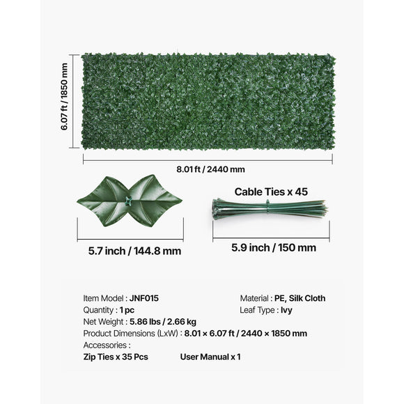Ivy Privacy Fence, 2440 x 1830 mm Artificial Green Wall Screen, Greenery Ivy Fence with Strengthened Joint, Faux Hedges Vine Leaf Decoration for Outdoor Garden, Yard, Balcony, Patio Decor