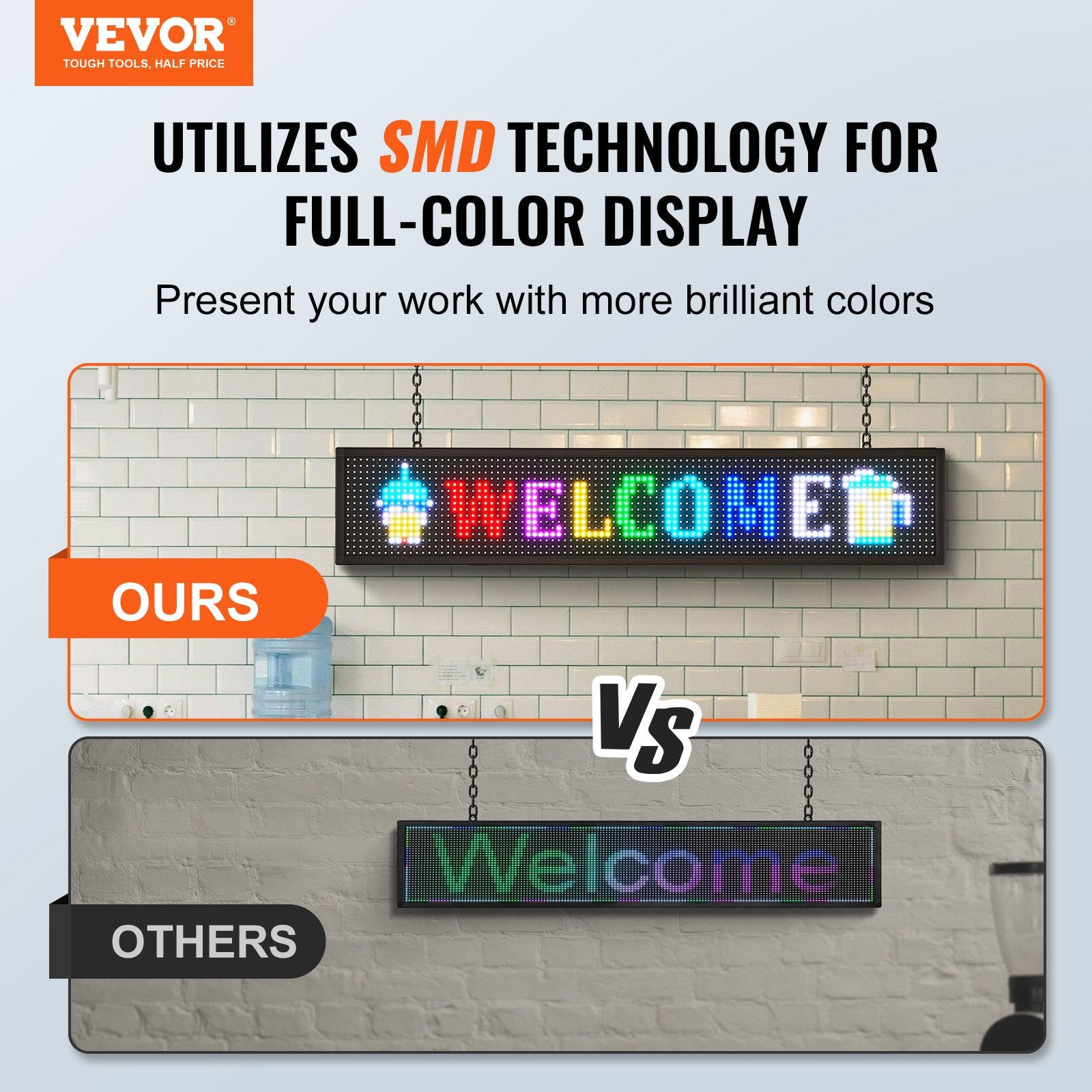 VEVOR Programmable LED Sign, P10 Full Color LED Scrolling Panel, DIY Custom Text Animation Pattern Display Board, WIFI USB Control Message Shop Sign for Store Business Party Bar Advertising, 99x19cm - 0