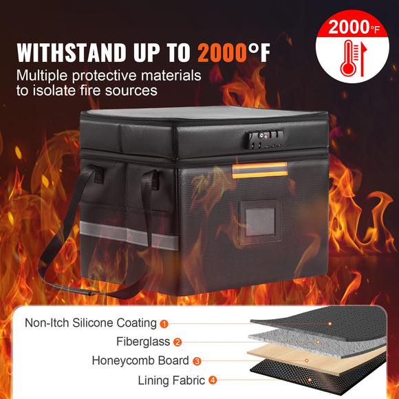 Fireproof Document Box, Fireproof Document Bag with Lock 2000_, Fireproof and Waterproof File Box 450x140x315 mm with Zipper & Handle, for Money, Documents, Jewelry and Passport