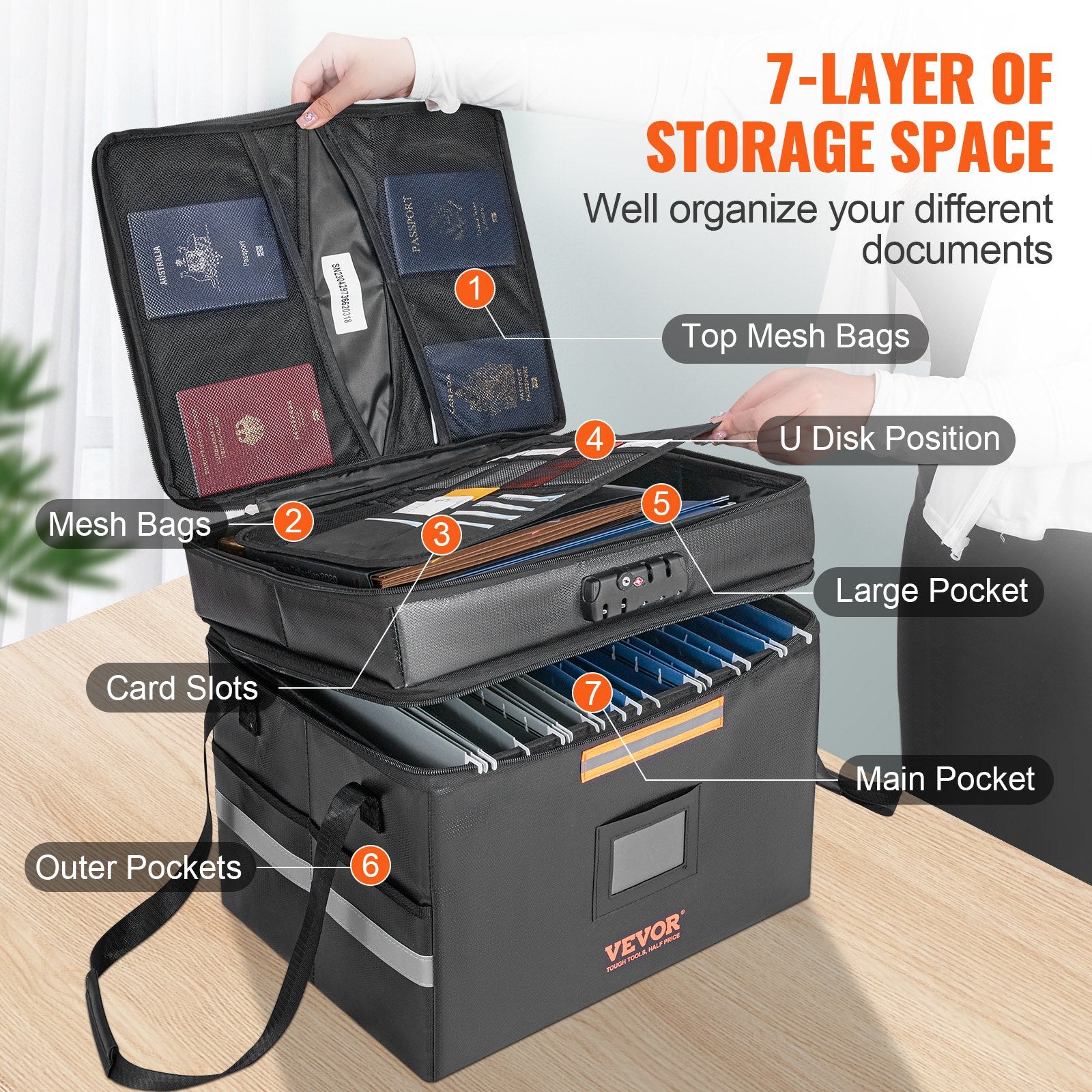 VEVOR Fireproof Document Box, Fireproof Document Bag with Lock 2000_, Fireproof and Waterproof File Box 450x140x315 mm with Zipper & Handle, for Money, Documents, Jewelry and Passport