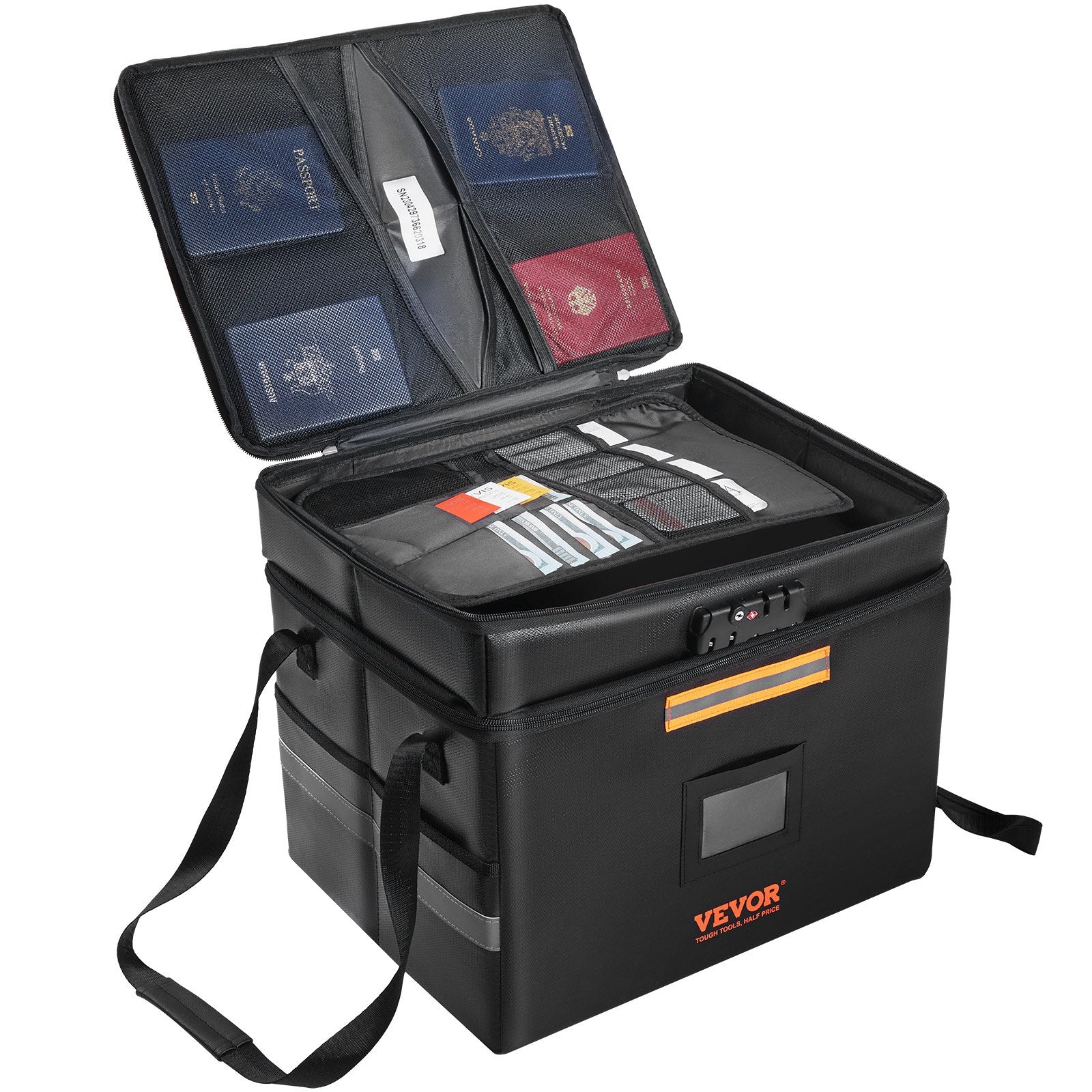 VEVOR Fireproof Document Box, Fireproof Document Bag with Lock 2000_, Fireproof and Waterproof File Box 450x140x315 mm with Zipper & Handle, for Money, Documents, Jewelry and Passport