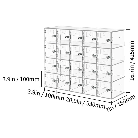 Acrylic Cell Phone Locker Box Storage Cabinet Pocket w/Keys 20 Slots Clear