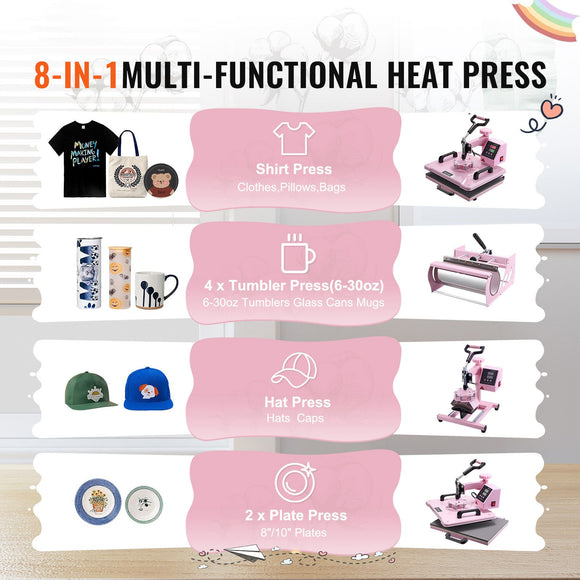 Heat Press Machine 12x15 in 5 in 1 with 30oz Tumbler Press T-Shirts Pink