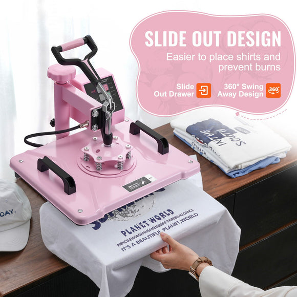 Heat Press Machine 12x15 in 5 in 1 with 30oz Tumbler Press T-Shirts Pink