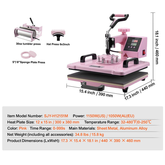 Heat Press Machine 12x15 in 5 in 1 with 30oz Tumbler Press T-Shirts Pink