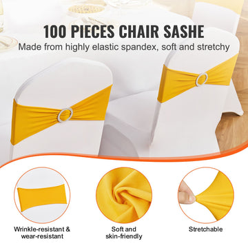 Stretch Spandex Chair Sashes, Chair Slipcover and Stretch Chair Sash with Round Buckle, Elastic Chair Bands, Fitting Wedding, Holiday, Banquet, Party Chair Decoration (100 PCS Golden Yellow) - 0