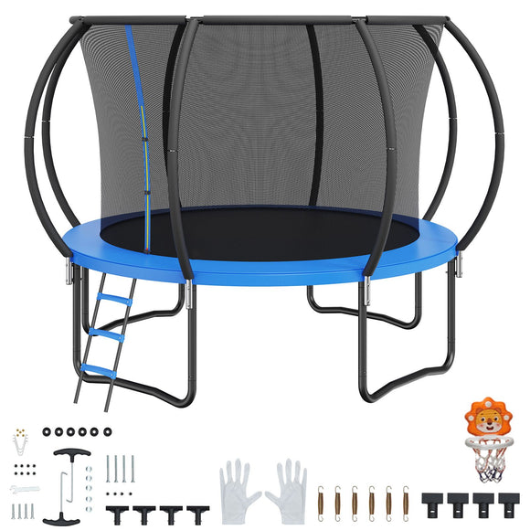 10FT Trampoline, 330 lbs Trampoline with Enclosure Net, Ladder, and Curved Pole, Heavy Duty Trampoline with Jumping Mat and Spring Cover Padding, Outdoor Recreational Trampolines for Kids Adults