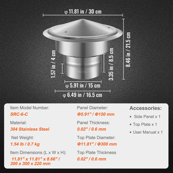 Chimney Cap 6-inch 304 Stainless Steel Round Roof Rain Cap Cover Silver