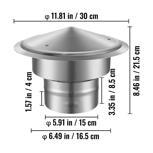 Chimney Cap 6-inch 304 Stainless Steel Round Roof Rain Cap Cover Silver