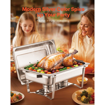 8 Qt 6 Pack Rectangle Chafing Dish Buffet Set Fullsize Pan Stainless Steel - 0