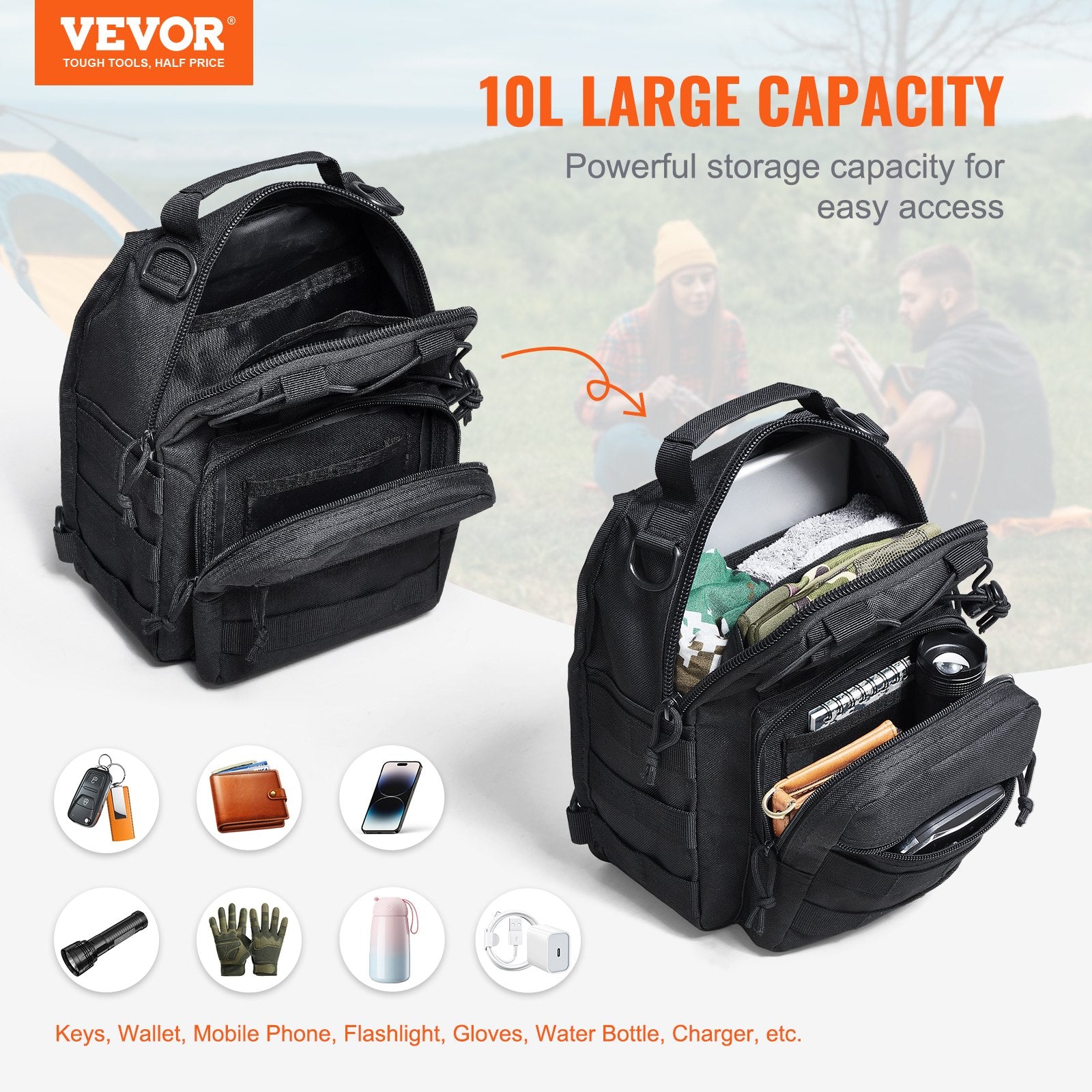 VEVOR Tactical Sling Bag 10L Military Rover Shoulder Sling Backpack Black - 0