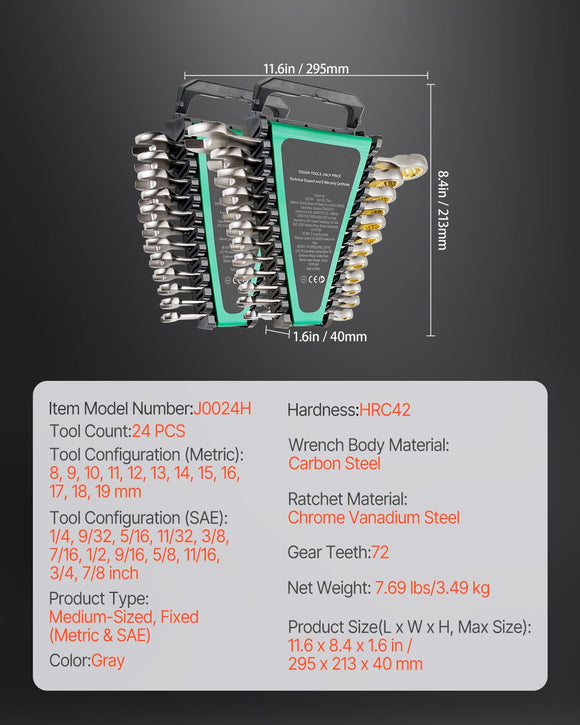 Combination Wrench Set 24 PCS SAE 1/4" - 7/8" Metric 8-19mm Organizer Rack