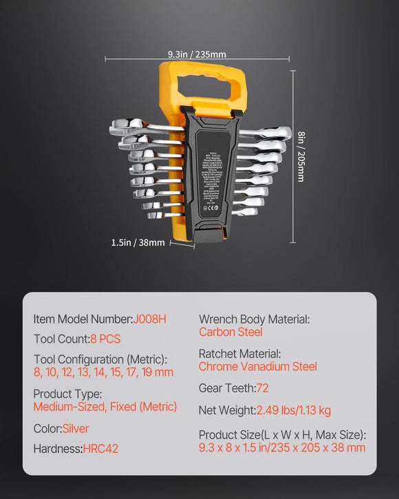 Combination Wrench Set 8-Piece Metric 8 mm to 19 mm with Organizer Rack