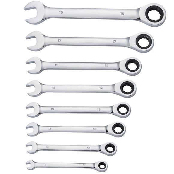 Combination Wrench Set 8-Piece Metric 8 mm to 19 mm with Organizer Rack