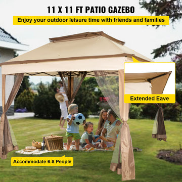 Outdoor Canopy Gazebo Tent, Portable Canopy Shelter with 11\'x11\' Large Shade Space for Party, Backyard, Patio Lawn and Garden, 4 Sandbags, Carrying Bag and Netting Included, Brown - 0