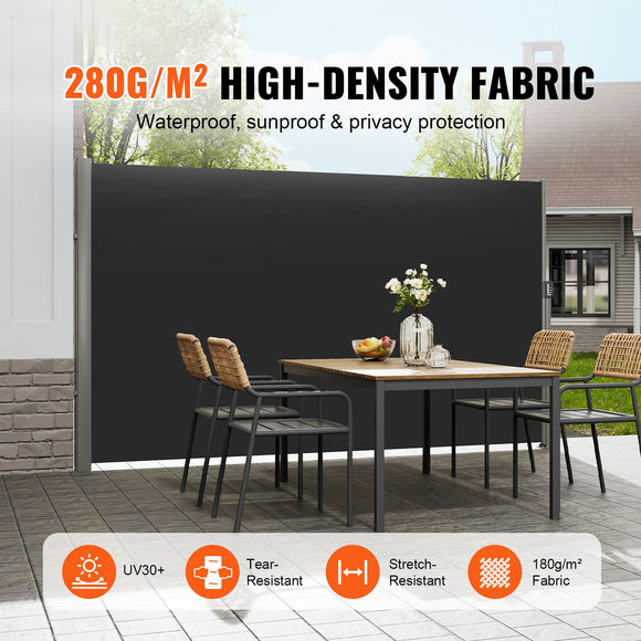 Retractable Side Awning, 160X300cm Aluminum Outdoor Privacy Screen, 280g Polyester Water-proof Retractable Patio Screen, UV 30+ Room Divider Wind Screen for Patio, Backyard, Balcony, Black