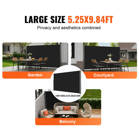 Retractable Side Awning, 160X300cm Aluminum Outdoor Privacy Screen, 280g Polyester Water-proof Retractable Patio Screen, UV 30+ Room Divider Wind Screen for Patio, Backyard, Balcony, Black