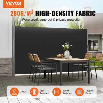 VEVOR Retractable Side Awning, 160X300cm Aluminum Outdoor Privacy Screen, 280g Polyester Water-proof Retractable Patio Screen, UV 30+ Room Divider Wind Screen for Patio, Backyard, Balcony, Black - 0