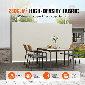 Retractable Side Awning,160X300cm Aluminum Outdoor Privacy Screen, 280g Polyester Water-proof Retractable Patio Screen, UV 30+ Room Divider Wind Screen for Patio, Backyard, Balcony, Beige - 0