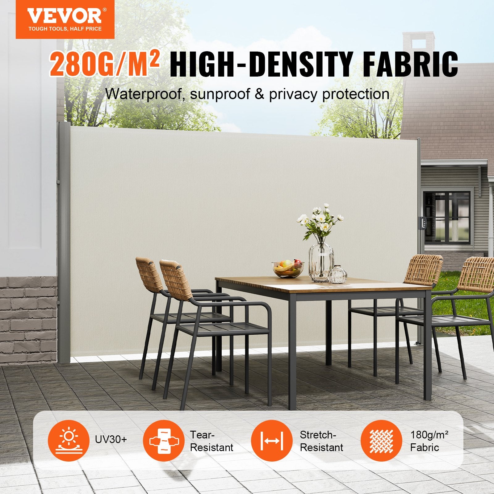 VEVOR Retractable Side Awning,160X300cm Aluminum Outdoor Privacy Screen, 280g Polyester Water-proof Retractable Patio Screen, UV 30+ Room Divider Wind Screen for Patio, Backyard, Balcony, Beige - 0