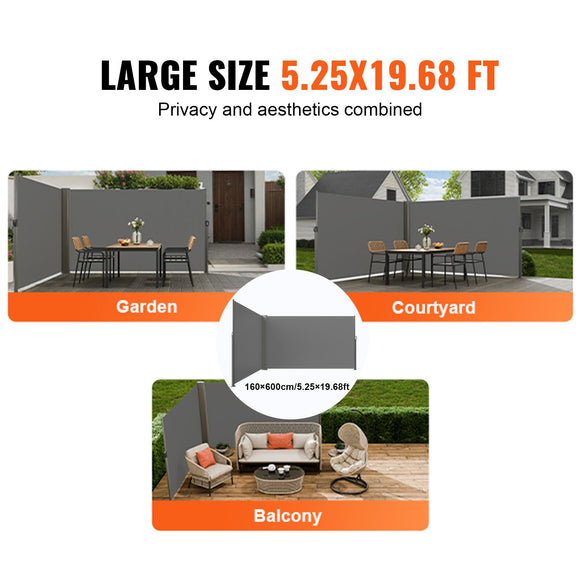 Retractable Side Awning, 160X600cm Aluminum Outdoor Privacy Screen, 280g Polyester Water-proof Retractable Patio Screen, UV 30+ Room Divider Wind Screen for Patio, Backyard, Balcony, Gray