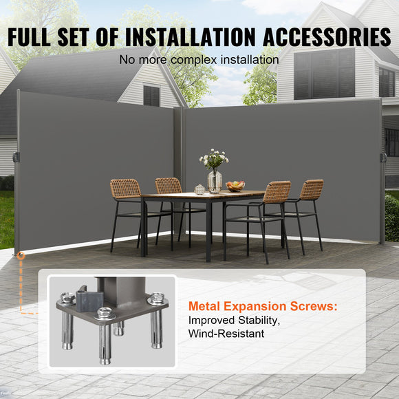VEVOR Retractable Side Awning, 160X600cm Aluminum Outdoor Privacy Screen, 280g Polyester Water-proof Retractable Patio Screen, UV 30+ Room Divider Wind Screen for Patio, Backyard, Balcony, Gray