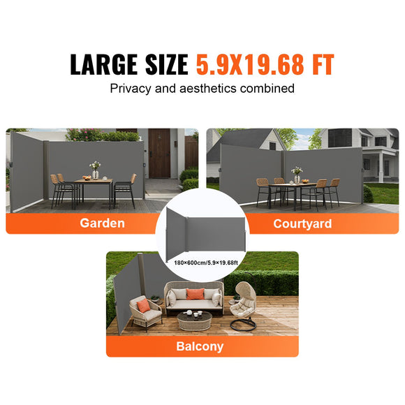Retractable Side Awning, 180X600cm Aluminum Outdoor Privacy Screen, 280g Polyester Water-proof Retractable Patio Screen, UV 30+ Room Divider Wind Screen for Patio, Backyard, Balcony, Gray