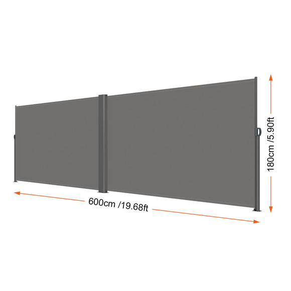 Retractable Side Awning, 180X600cm Aluminum Outdoor Privacy Screen, 280g Polyester Water-proof Retractable Patio Screen, UV 30+ Room Divider Wind Screen for Patio, Backyard, Balcony, Gray