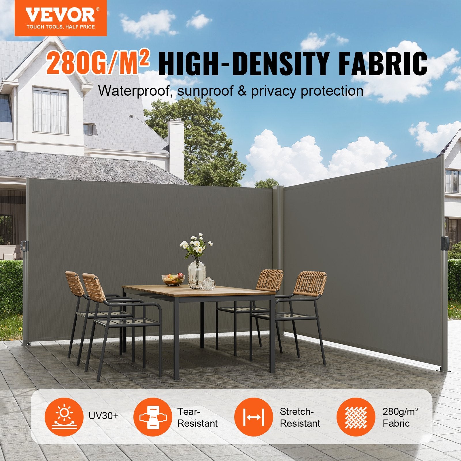 VEVOR Retractable Side Awning, 180X600cm Aluminum Outdoor Privacy Screen, 280g Polyester Water-proof Retractable Patio Screen, UV 30+ Room Divider Wind Screen for Patio, Backyard, Balcony, Gray - 0