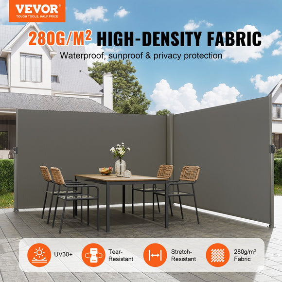 VEVOR Retractable Side Awning, 180X600cm Aluminum Outdoor Privacy Screen, 280g Polyester Water-proof Retractable Patio Screen, UV 30+ Room Divider Wind Screen for Patio, Backyard, Balcony, Gray