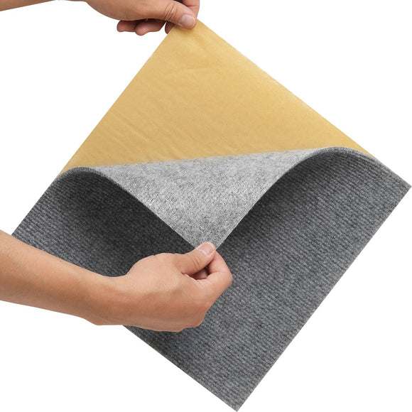 Carpet Tiles Peel and Stick, Squares Self Adhesive Carpet Floor Tile, Soft Padded Carpet Tiles, Easy Install DIY for Bedroom Living Room Indoor Outdoor (12 Tiles, Light Gray)