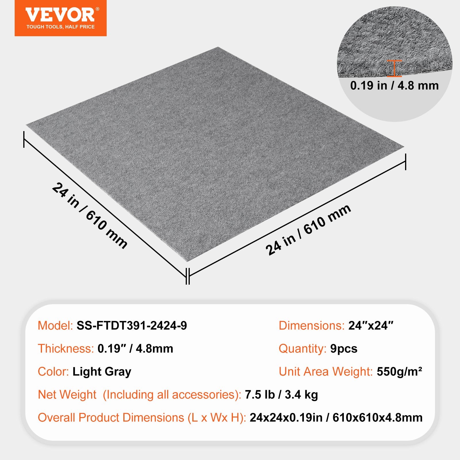 VEVOR Carpet Tiles Peel and Stick, Squares Self Adhesive Carpet Floor Tile, Soft Padded Carpet Tiles, Easy Install DIY for Bedroom Living Room Indoor Outdoor (9Tiles, Light Gray)