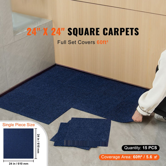 Carpet Tiles Peel and Stick, Squares Self Adhesive Carpet Floor Tile, Soft Padded Carpet Tiles, Easy Install DIY for Bedroom Living Room Indoor Outdoor (15Tiles, Dark Blue)