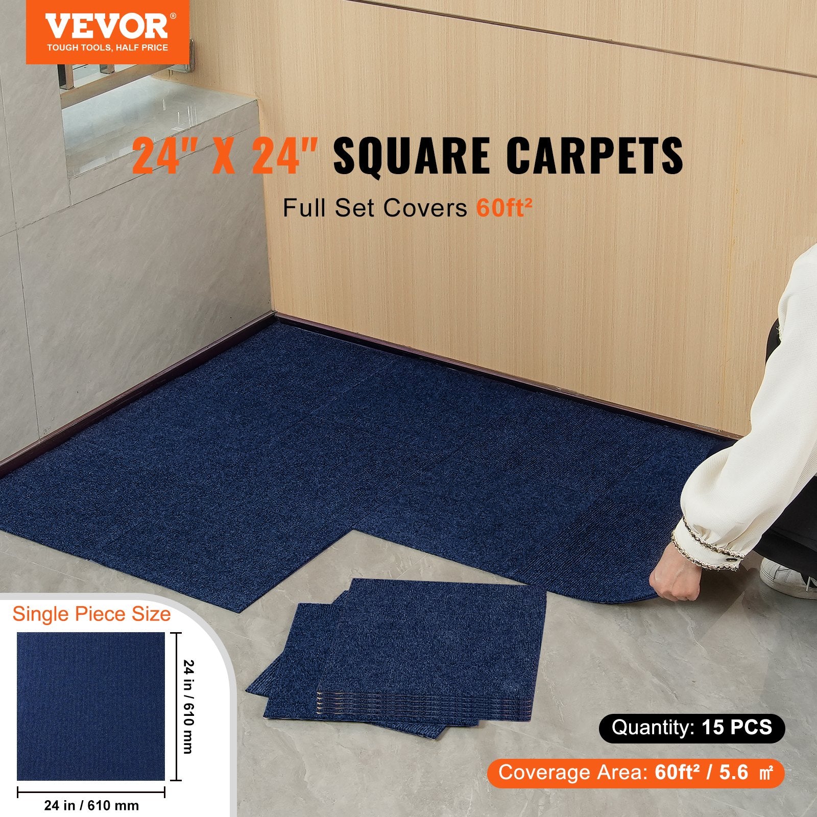 VEVOR Carpet Tiles Peel and Stick, Squares Self Adhesive Carpet Floor Tile, Soft Padded Carpet Tiles, Easy Install DIY for Bedroom Living Room Indoor Outdoor (15Tiles, Dark Blue) - 0