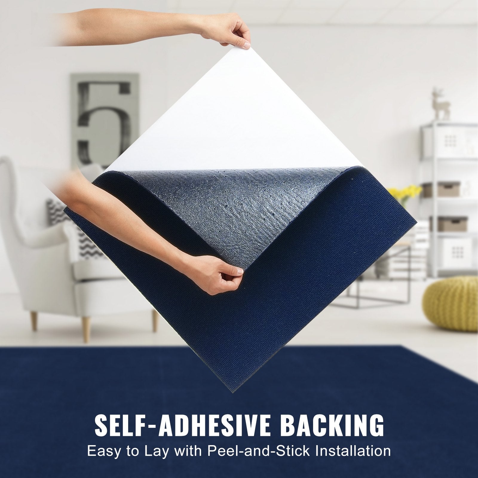 VEVOR Carpet Tiles Peel and Stick, Squares Self Adhesive Carpet Floor Tile, Soft Padded Carpet Tiles, Easy Install DIY for Bedroom Living Room Indoor Outdoor (15Tiles, Dark Blue)